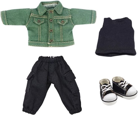 1/12 BJD Pop Outfit - Denim Jas, Vest, Broek, Zak en Schoenen voor 4,3 Inch Poppen - Groen van Merkloos