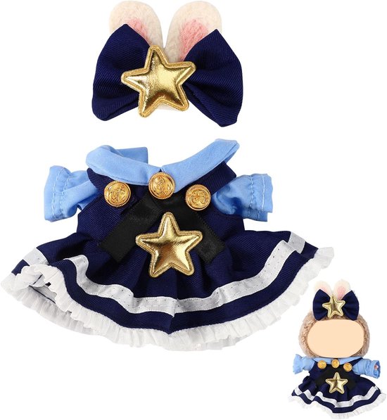 17cm Babypopjurkenset - Geschikt voor Labubu - Blauw-marineblauwe sterrenthemajurk - Met clip + chique accessoires (pop niet inbegrepen) van Merkloos