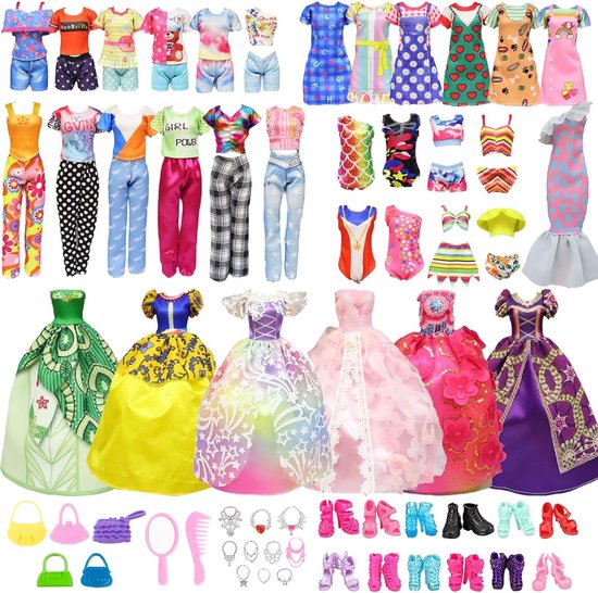 28 Stuks Poppenkleding en Accessoires - Jurken, Vrijetijdskleding, Schoenen en Meer van Merkloos