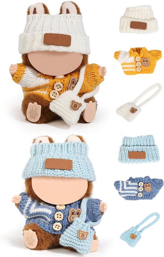 2x Set Poppenkleding Accessoires voor Labubu 15-17 cm Pop - Inclusief Hoed en Schoudertas