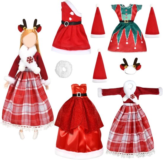 4-Delige Kerstoutfits voor Poppen (30 cm) - Jurken en Accessoires