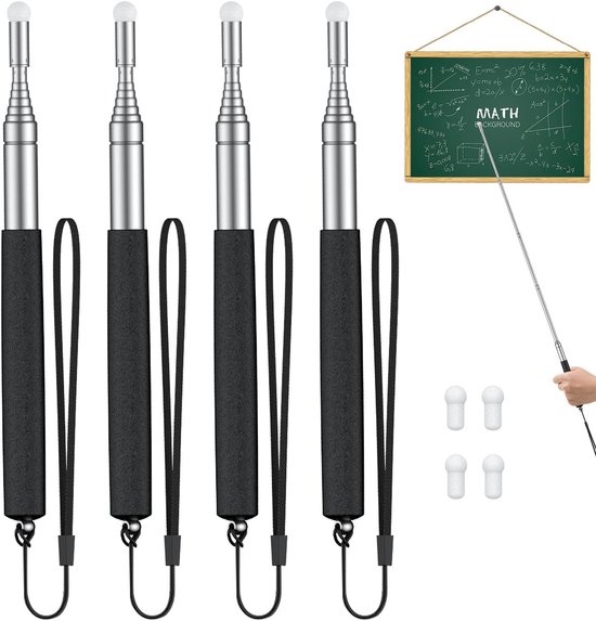 4pcs Retractable Teacher Pointer Stick - Classroom Telescopic Whiteboard Pointer - Lanyards - Replacement Felt Heads - Extendable Pointer voor Coach en Presentator van Merkloos	