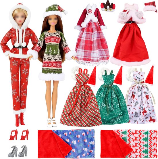 5-delige kerstpoppenkledingset 30 cm – prinsessenjurk, skipak, trui, slaapzak, hoge hakken van Merkloos