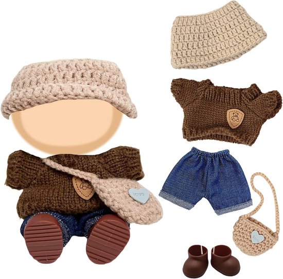5-delige Poppenkleding Set Bruin Accessoires voor 17 cm Poppen - Trui, Broek, Muts, Schoenen & Tas van Merkloos