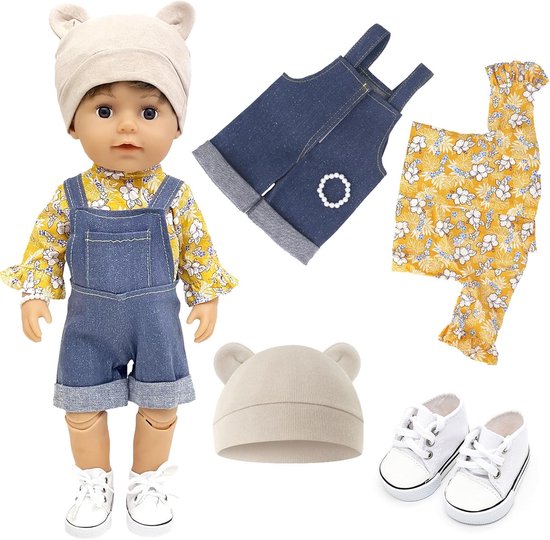 5-Delige Poppenkleding Set Geel Bloemenprint met Accessoires voor Poppen 35-43 cm van Merkloos