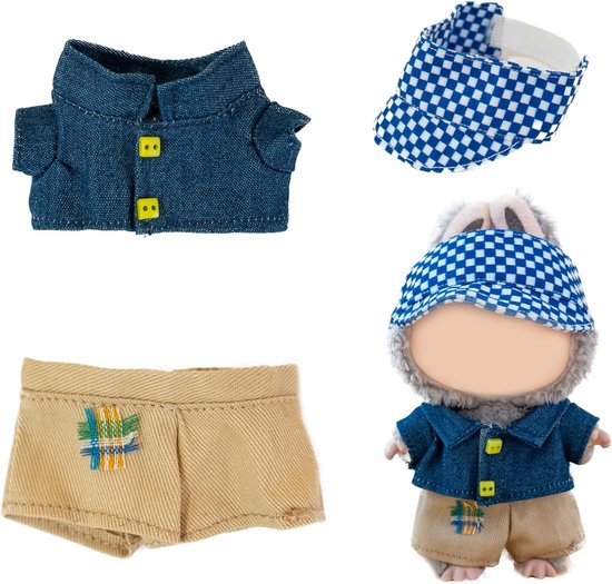 6,7" poppenoutfit - Past op Labubu - 17 cm pop - Blauw shirt + kaki shorts + geruite hoed van Mori Store