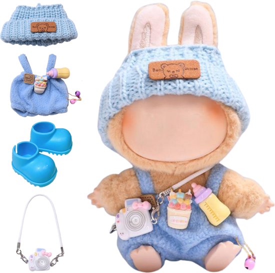 ADEL Kleding Geschikt voor Labubu Pop 17 cm - Inclusief Hoed, Romper, Camera en Schoenen - Schattige Poppenkleertjes - Complete Outfit met Accessoires Blauw van Merkloos