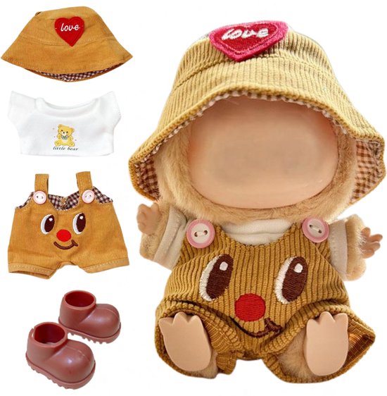 ADEL Kleding Geschikt voor Labubu Pop 17 cm - Inclusief Hoed, Romper, Camera en Schoenen - Schattige Poppenkleertjes - Complete Outfit met Accessoires Geel van Merkloos