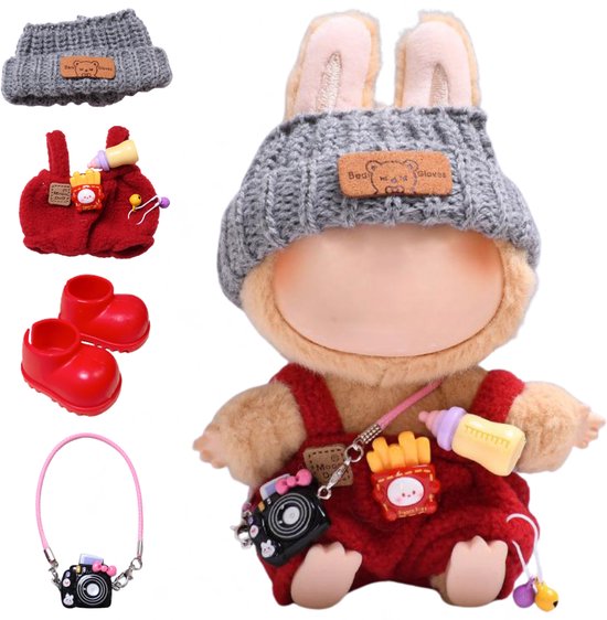 ADEL Kleding Geschikt voor Labubu Pop 17 cm - Inclusief Hoed, Romper, Camera en Schoenen - Schattige Poppenkleertjes - Complete Outfit met Accessoires Rood van Merkloos