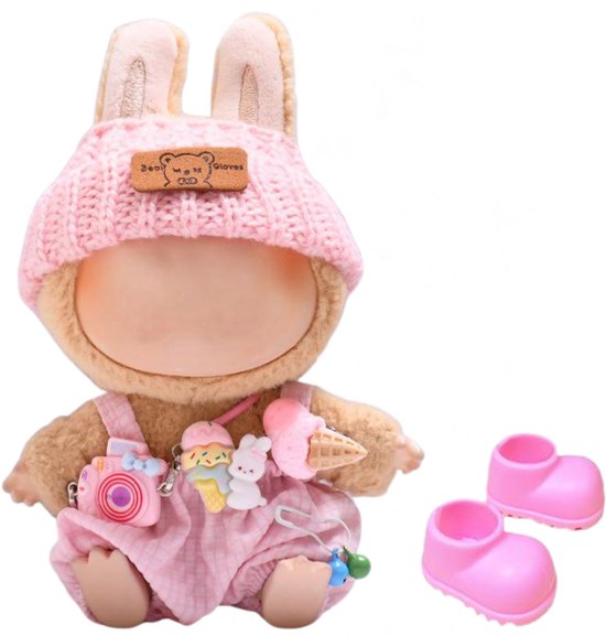 ADEL Kleding Geschikt voor Labubu Pop 17 cm - Inclusief Hoed, Romper, Camera en Schoenen - Schattige Poppenkleertjes - Complete Outfit met Accessoires Roze van Merkloos