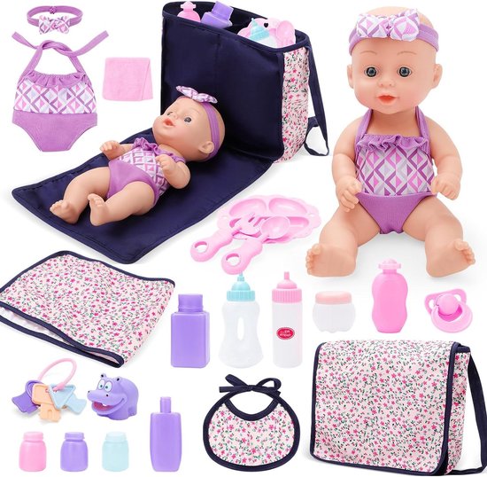 Allecto Plus - Poppenaccessoireset met luiertas, kleding, deken en fles - geschikt voor rollenspel met 28 cm poppen - cadeau voor meisjes vanaf 3 jaar