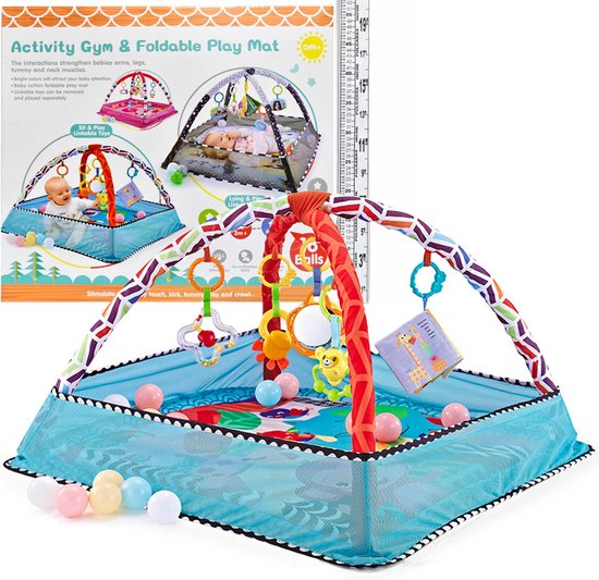 Allerion Baby Gym Ballenbak – Baby Speelmat – Opvouwbaar – Met 5 Hangers en 18 Ballen – Blauw – 80cm x 80cm van Allerion
