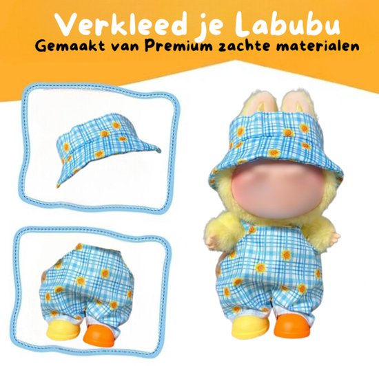 Babyblauw Vissershoedje en Overal Kleding – Met Roze Bloemetjes – Schattig & Cozy Outfit Accessoire Geschikt voor Labubu (Pop Niet Inbegrepen) van Merkloos
