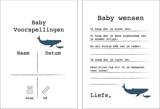 Babyshower invulkaarten - jongen - voorspellingskaarten - 15 stuks babyborrel - walvis blauw - spelletjes van Partydeco