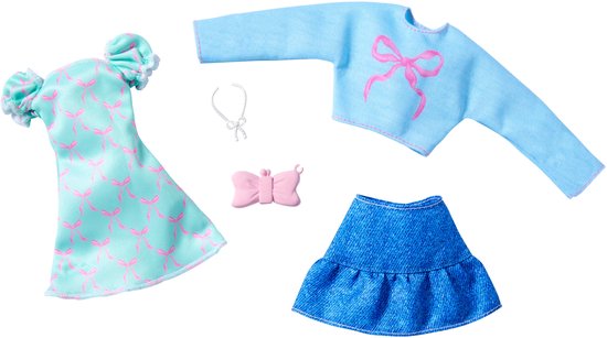 Barbie 2-Pack Kleding Outfit en Accessoires - Mooie Jurk, Spijkerrok en Blauwe trui van Merkloos