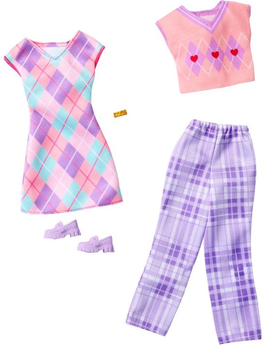 Barbie 2-Pack Kleding Outfit en Accessoires - Ruitjes Jurk met Paarse Schoenen, broek en shirt van Barbie