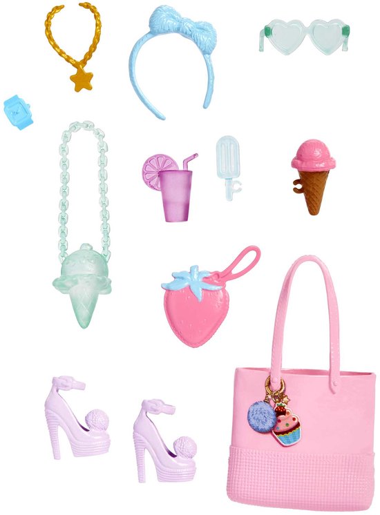 Barbie Accessoires Set met o.a. een Roze Tas, Paarse Hakken, Zonnebril van Barbie