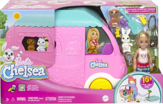 Barbie Chelsea Camper met hondje en konijn - Speelfigurenset van Barbie
