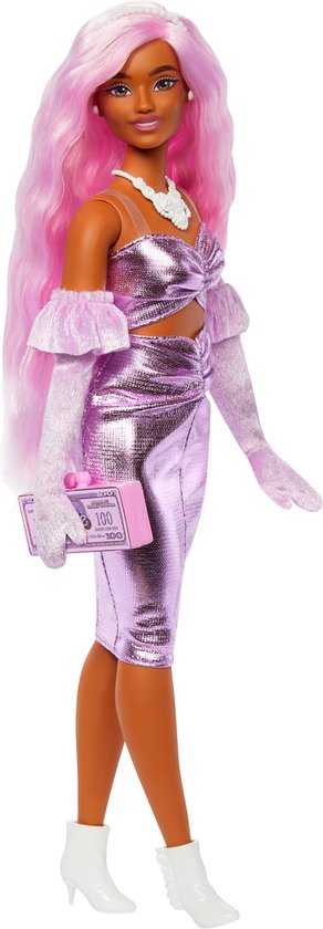 Barbie Deluxe Stijl - Glanzende midi-jurk met ruches - Barbiepop van Barbie