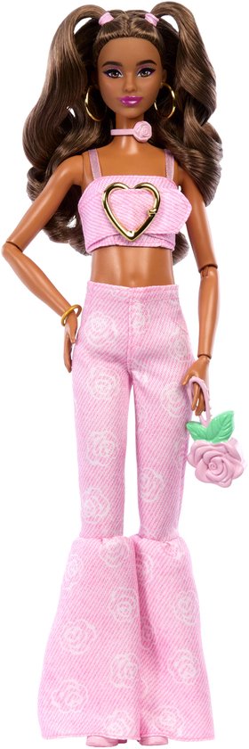Barbie Deluxe Stijl - Roze Denim Croptop en Broek met Wijde Pijpen en Bruin Haar - Modepop van Barbie