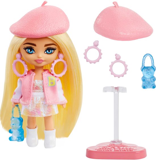 Barbie Extra Mini Mini's Pop - 8.3 cm groot - Super Cute - Inclusief Standaard - Met baret van Merkloos