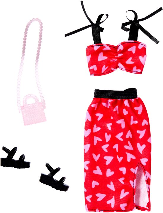 Barbie Kleding Outfit + Accessoires - Rode Jurk met Zwarte Schoenen en Handtas van Barbie