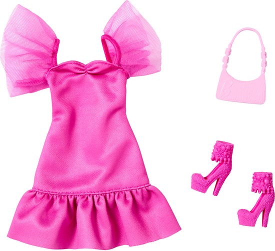 Barbie Kleding Outfit + Accessoires - Roze Jurk met Hoge Roze Hakken en Handtas van Barbie