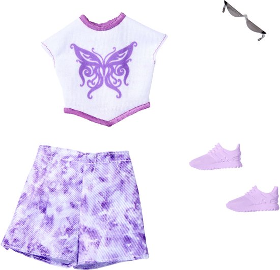 Barbie Kleding Outfit + Accessoires - Wit T-Shirt met Paarse Rok, Paarse Schoenen en Zonnebril van Barbie