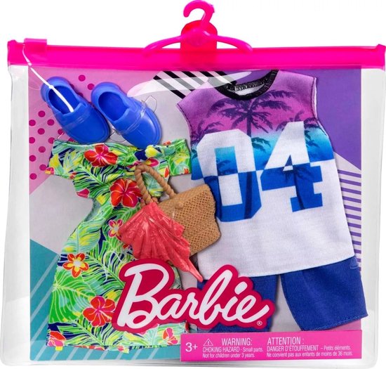 Barbie Kleding Outfit en Accessoires 2-Pack Bloemen Jurk + Schoenen en Handtas - T-Shirt en Broek voor Ken - Barbie Ken kleding van Mattel