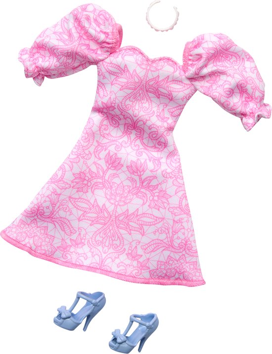 Barbie Kleding Outfit en Accessoires - Roze Jurk met Blauwe Hakken en Ketting van Merkloos