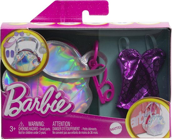 Barbie Kleding Outfit Poppen Accessoires Paarse Badpak met Grote tas, Zonnebril, cap, handtas en slippers van Barbie