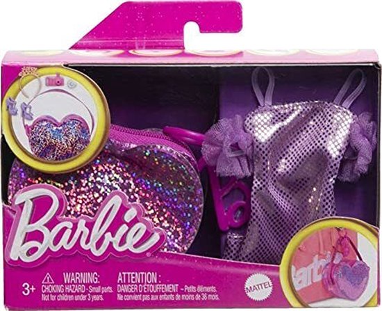 Barbie Kleding Outfit Poppen Accessoires Paarse Jurk met grote tas en Hakken, Ketting, Armband, Haarband en fotocamera van Barbie