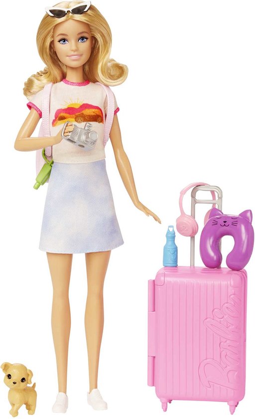 Barbie op reis - Barbiepop met roze koffer en reisaccessoires van Barbie