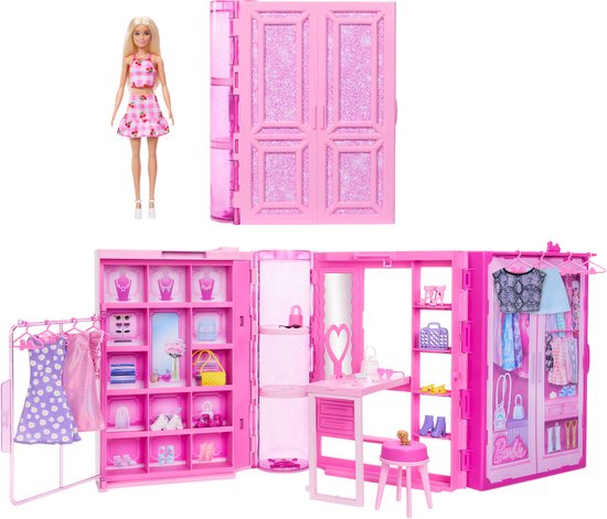 Barbie Super Kledingkast - Modepop met 25+ Stukken, Roze Glitterkast %26 Kaptafel