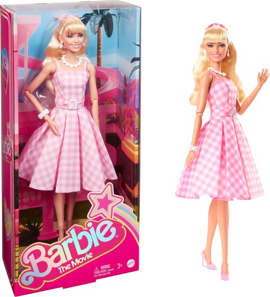 Barbie The movie pop - Margot Robbie - Roze-wit geruite jurk - 33 cm - Barbie film pop van Merkloos