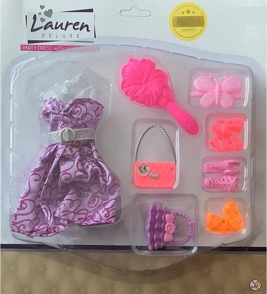 Barbie - Tienerpop Kleding Outfit Jurk + Accessoires Paars - Handtas - Schoenen - Hakken van Barbie