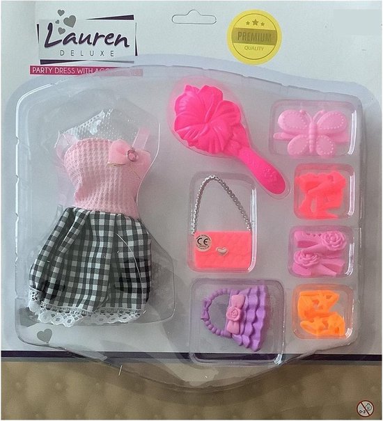 Barbie - Tienerpop Kleding Outfit Jurk + Accessoires Roze/Zwart - Handtas - Schoenen - Hakken van Barbie