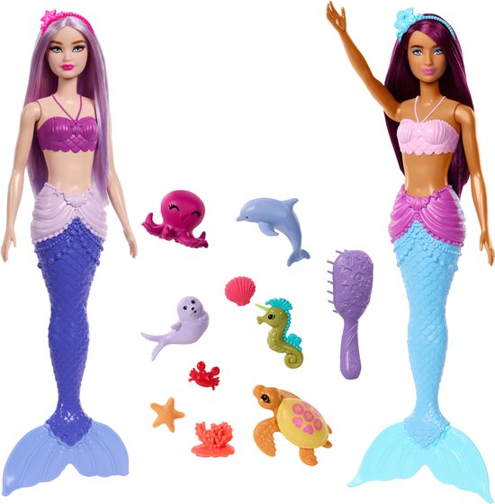 Barbie Zeemeerminpoppen Set van 2 - Met zeedieren, haarbanden en oceaanaccessoires van Barbie