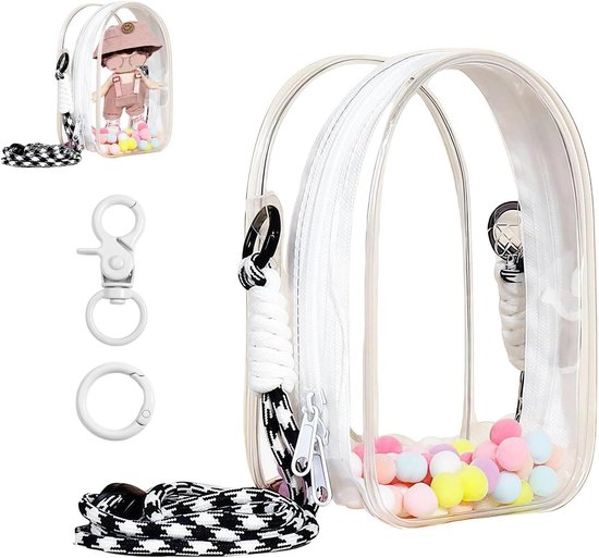 Beschermhoes voor Knuffelpoppen - Transparante Draagtas met Pompon - Displaytas voor Pluche Poppen - Wit - Opbergzak voor 15-17 cm Vinyl Poppen