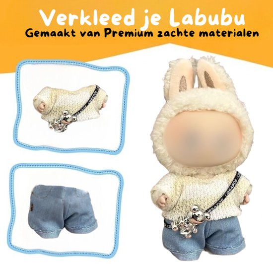 Blauw & Witte Poppenkleding - Met Trui & Broekje - Stoer & Cool Geschikt voor Labubu van Merkloos