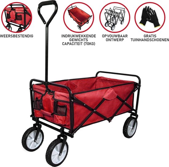 Bolderkar opvouwbaar | 70 kg gewichtscapiciteit | Inclusief tuinhandschoenen | Rood | Bolderwagen Transportwagen van House of Goods