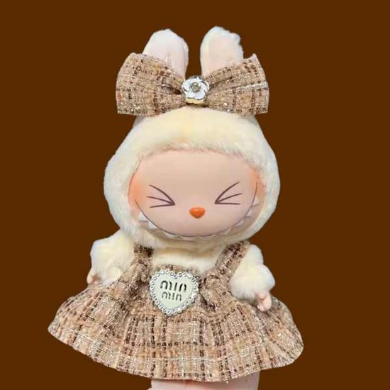 Bruin Glitter Rokje & Strikje geschikt voor Labubu – Poppenoutfit met Hartdetail & Haarclip – Schattige Accessoire voor 17cm Pop (GEEN Pop inbegrepen) van Sugarliving