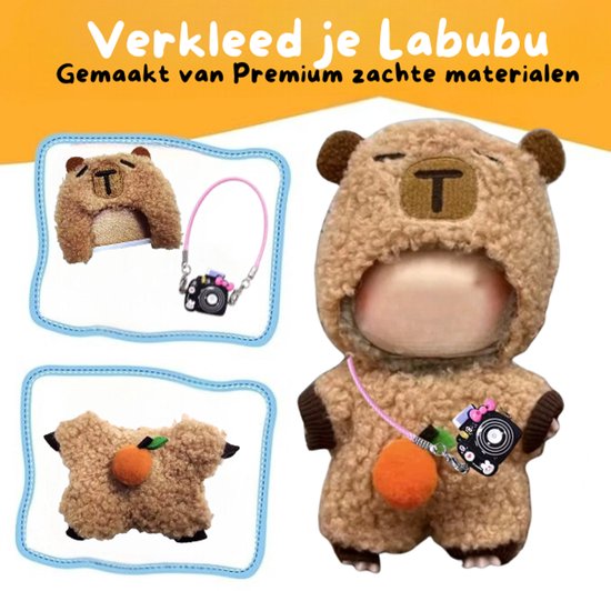 Bruine Zachte Capibara Onesie Kleding - Met Mandarijn en Fotocamera - Cute & Funny Outfit Accessoire Geschikt voor Labubu (Pop Niet Inbegrepen) van Popmart