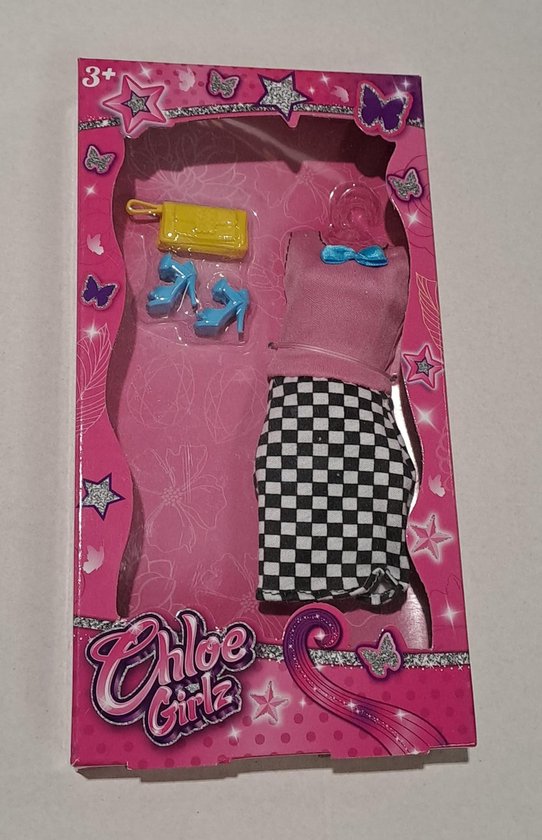 Chloe Girlz Poppenkleding Zwart/wit Geblokt Jurkje van Chloe Girlz