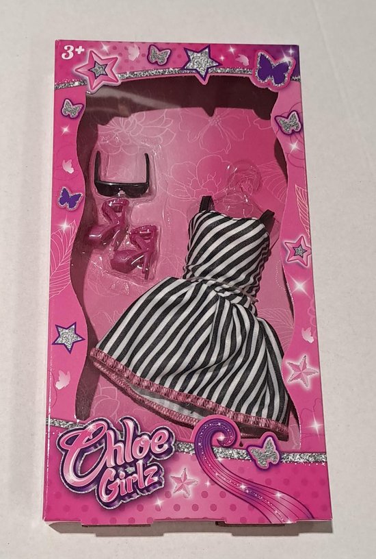 Chloe Girlz Poppenkleding Zwart/wit Gestreept Jurkje van Merkloos