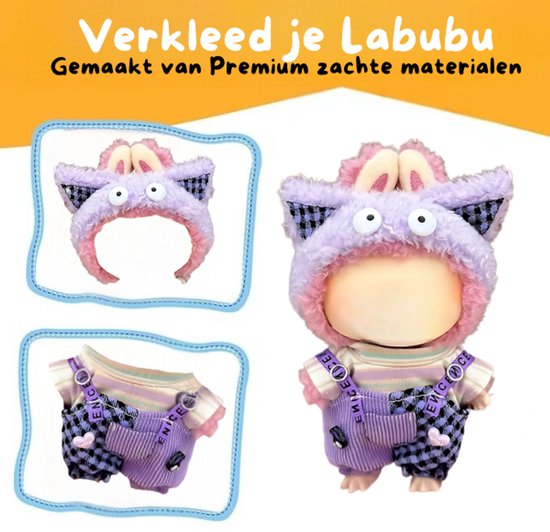 Creepy Hoodie Kleding met Oogjes – Split Boerenpakje Half Bruin Denim & Half Zacht Pluche – Cute & Spooky Outfit Accessoire Geschikt voor Labubu (Pop Niet Inbegrepen) van Merkloos