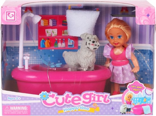 CUTE GIRL pop 9 cm met bad en hond van Merkloos