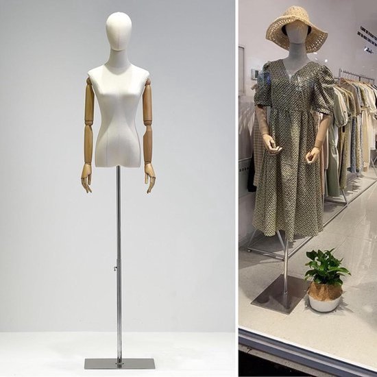 Damesmannequin - Etalagepopbuste - Kleding presenteren - Afneembare kop en armen - Verstelbaar 140-190 cm - Zilver