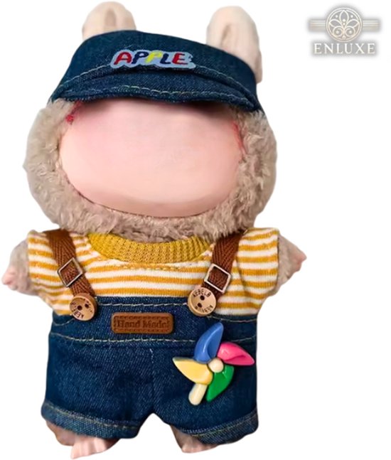 Denim Broekje Kleding met Bretels – Bruin Sweatertje en Hoedje met Apple Opdruk – Casual Cute Outfit Accessoire Geschikt voor Labubu (Pop Niet Inbegrepen) van Merkloos