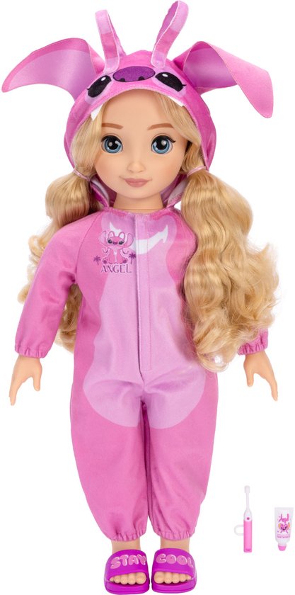 Disney ily 4EVER Angel-pop 45 cm / 18" met blond haar, officieel gelicentieerd door Jakks Pacific, inclusief schattige roze Lilo & Stitch-geïnspireerde onesie met oren, slippers en tandenborstel, cadeau voor meisjes vanaf 6 jaar